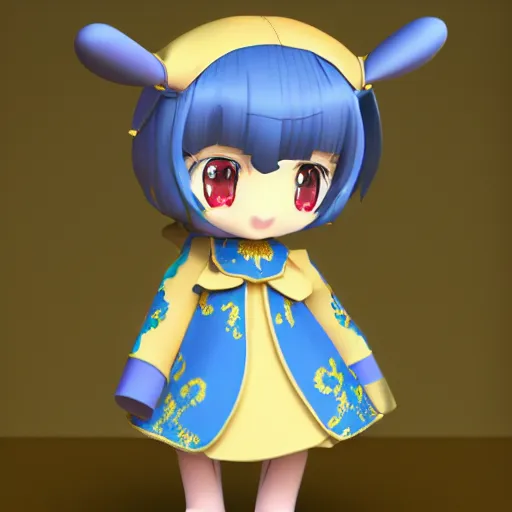Image similar to cute fumo plush of a girl in a blue and gold patterned dress, stylized material bssrdf, cel shading, vray, anime girl