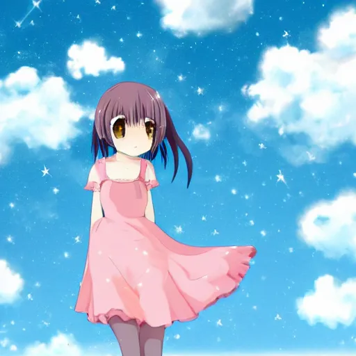 Prompt: cute anime girl looking in the sky surrounded by clouds