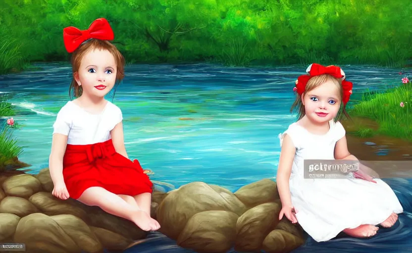 Prompt: a beautiful little girl, wearing white cloths, and a red bow in her hair, playing with the water, sitting by the side of a creek, in the painting style of vector art, 8 k, detailed, rule of thirds