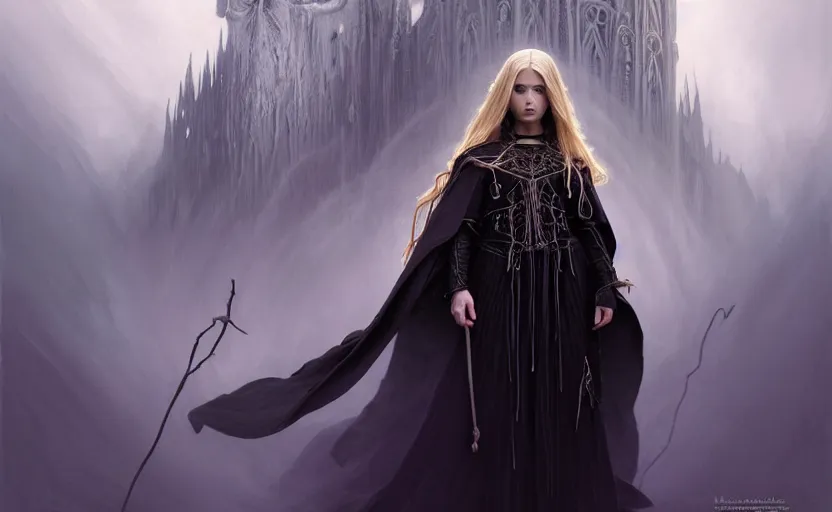 Prompt: mage conjuring at the end of time, blonde braided hair mage wearing gothic robe, dark mountain, movie action still frame, wide horizon, intricate, elegant, highly detailed face, hyper realistic, digital painting, concept art, smooth, sharp, focus, illustration, art by artgerm, greg rutkowski, ilya kuvshinov, alphonse mucha