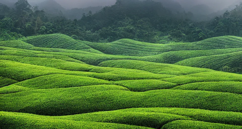 Image similar to Photo of tea plantation of Cameron Highlands with rolling mountain at the background, wide angle, volumetric light, fog, mist, morning, hyperdetailed, light water, artstation, cgsociety, 8k