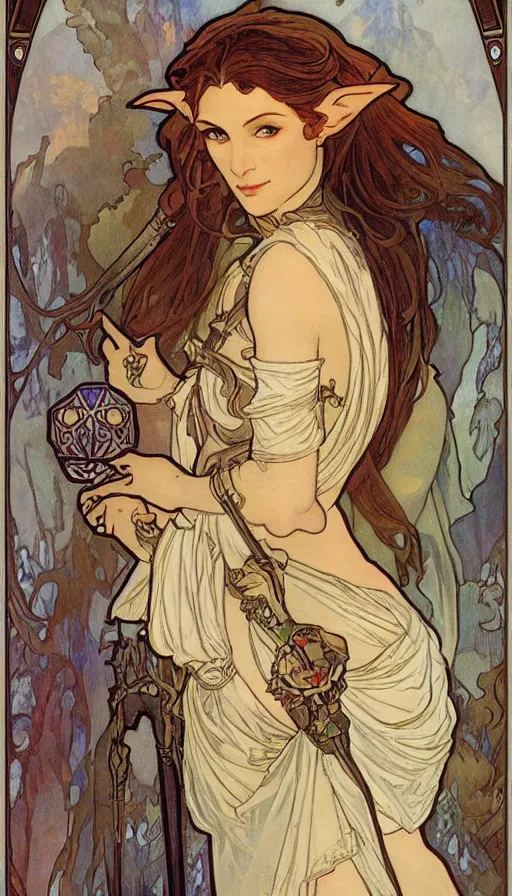 Prompt: fantasy dungeons & dragons portrait by Alfons Mucha,female elf,beautiful,D&D,detailed,elaborate