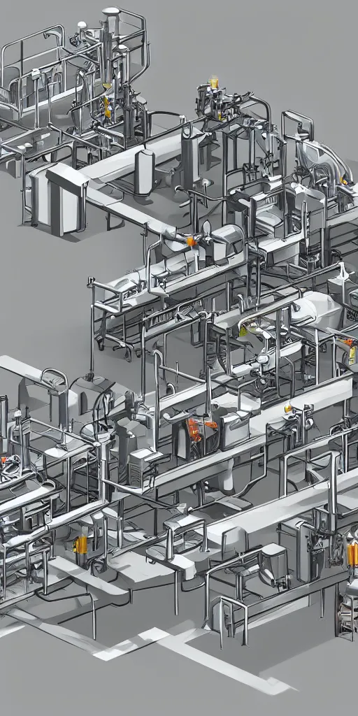 Image similar to concept art, industrial synthetic food production line.