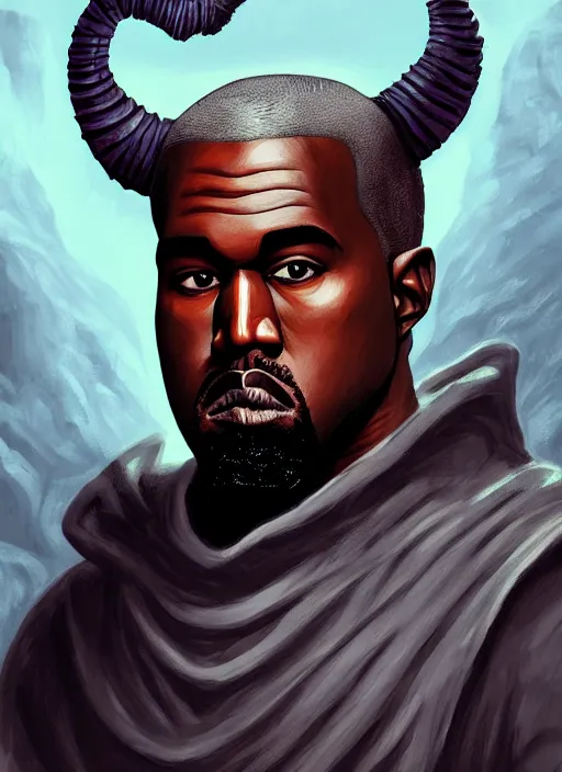 Image similar to a portrait of a kanye west as a male tiefling warrior, d & d, fantasy, intricate, tone mapped, ambient lighting, highly detailed, digital painting, artstation, concept art, 4 k, god rays, stunning beautiful, glowing eyes, sharp focus, by makoto shinkai and akihiko yoshida and hidari and wlop