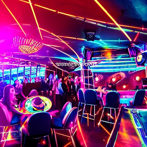 Prompt: dj playing roulette tables, nightclub, photorealistic, low light, coloured lights, people dancing, music, detailed