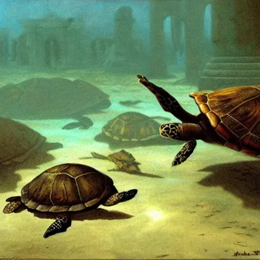 Image similar to turtles underwater in ruined city of Atlantis , by Michael Sowa