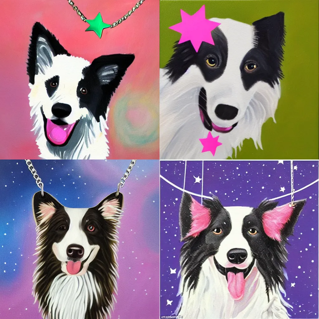 Prompt: a smiling border collie dog in outer space, a smiling border collie dog wearing a small pink star necklace, realistic painting