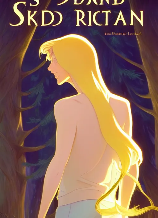 Image similar to book cover design, slender young man with shoulder length golden blond hair, shiny and sparkling, from behind, back shot, high angle, lost in a magical forest, natural lighting, path traced, highly detailed, high quality, cartoon, digital painting, by don bluth and ross tran and studio ghibli and alphonse mucha