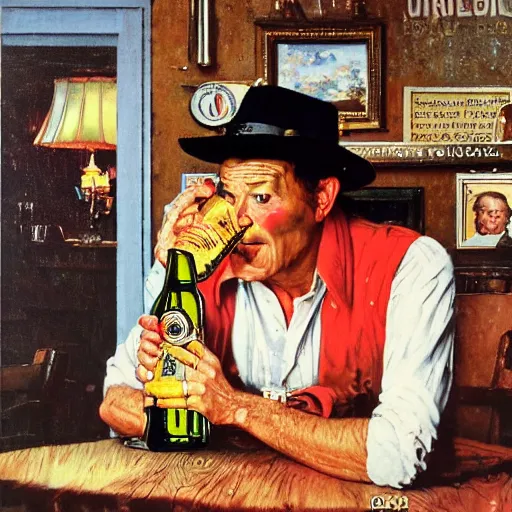 Prompt: freddy kreuger drinking a bottle of beer, portrait painting, dynamic lighting, painted by norman rockwell