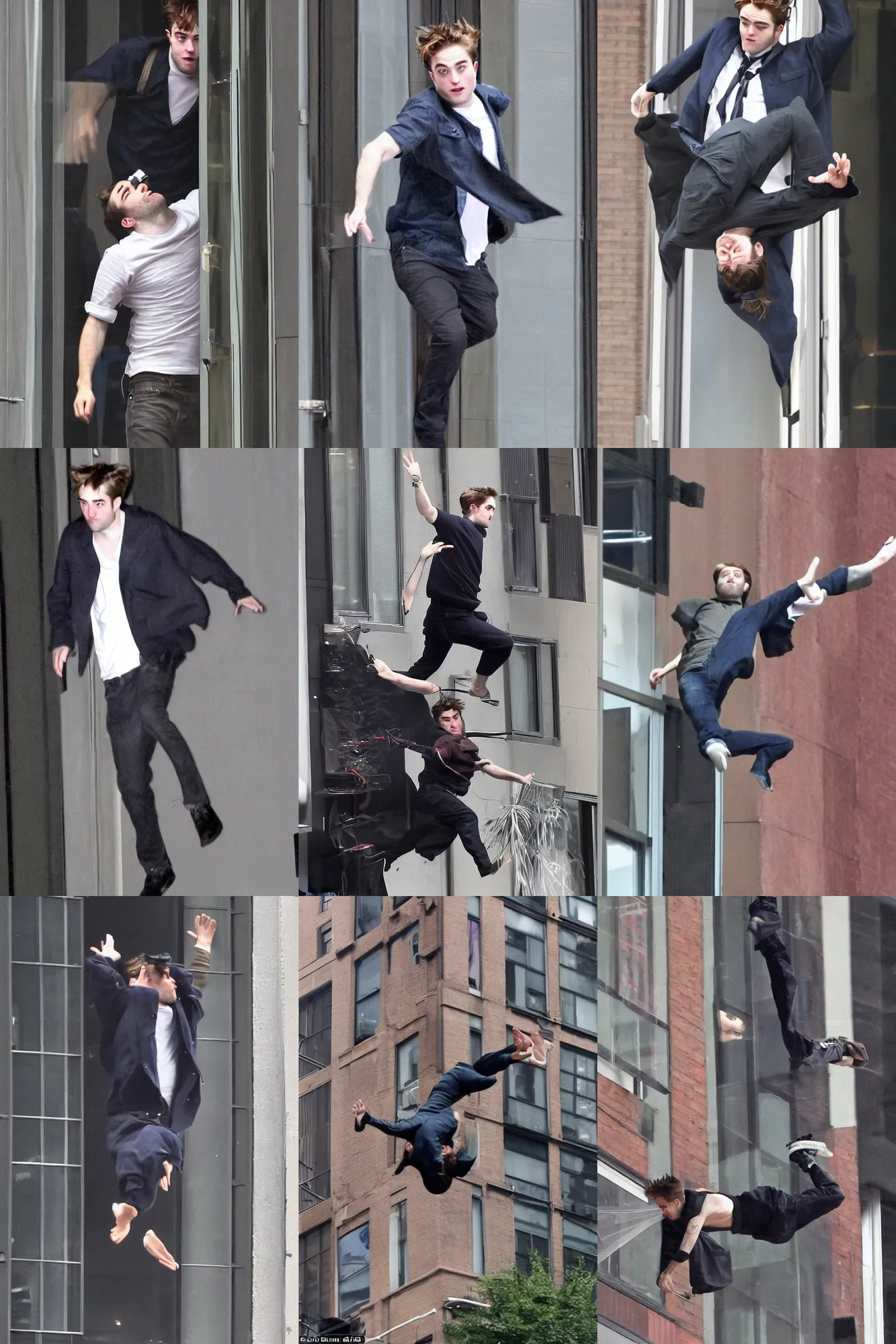 Prompt: robert pattinson's unconscious body flying into apartment window in new york city, photographed mid - air