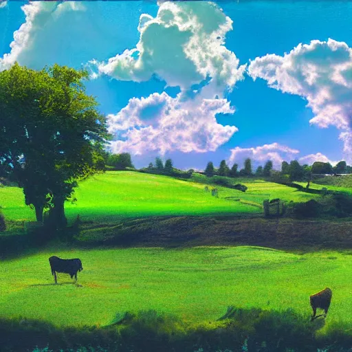 Prompt: pastoral scene with a glitched sky