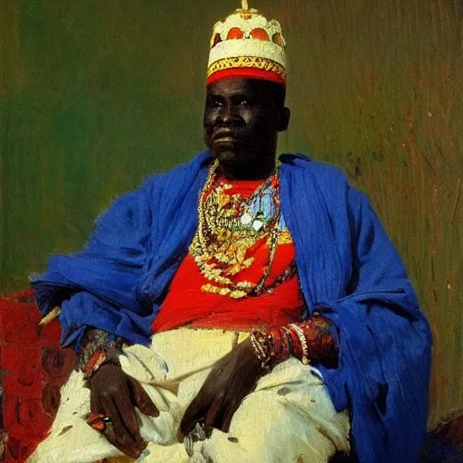 Prompt: portrait of king of dahomey outdoors dressed in airy clothing, 1905, brightly coloured oil on canvas, by ilya repin