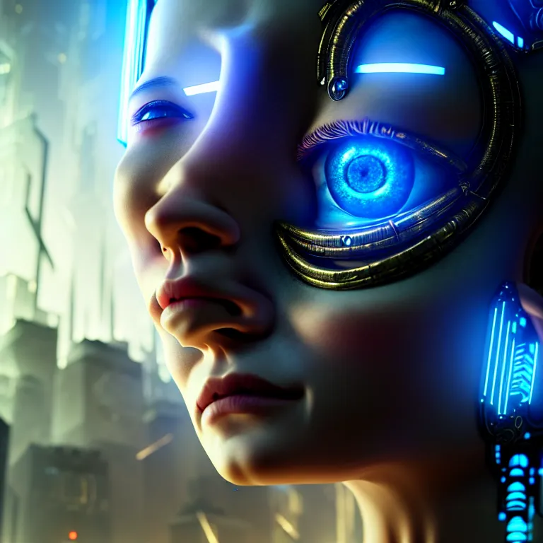 Image similar to ultra realistic beautiful cyborg deity eyes closed, scifi, cyberpunk, fantasy, intricate details, movie still, highly detailed, photorealistic, octane render, eerie, 8k, art by artgerm and michael welan