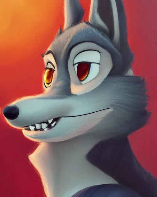 Image similar to oil painting of anthromorphic female wolf, in style of zootopia, female fursona, furry, furaffinity, 4 k, deviantart, furry art, fursona art, wearing black business suit, business suit, wolf fursona, female, very expressive detailed feminine face,