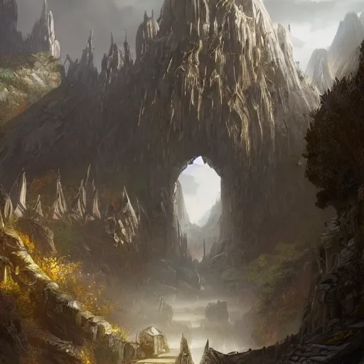 Image similar to beautiful digital painting of front gate of dwarf city of Erebor from Hobbit trending on Artstation, by Daniel Dociu and Greg Rutkowski, high quality, ultra detailed, ultra realistic, concept art, landscape, architecture, Hobbit, Erebor entrance