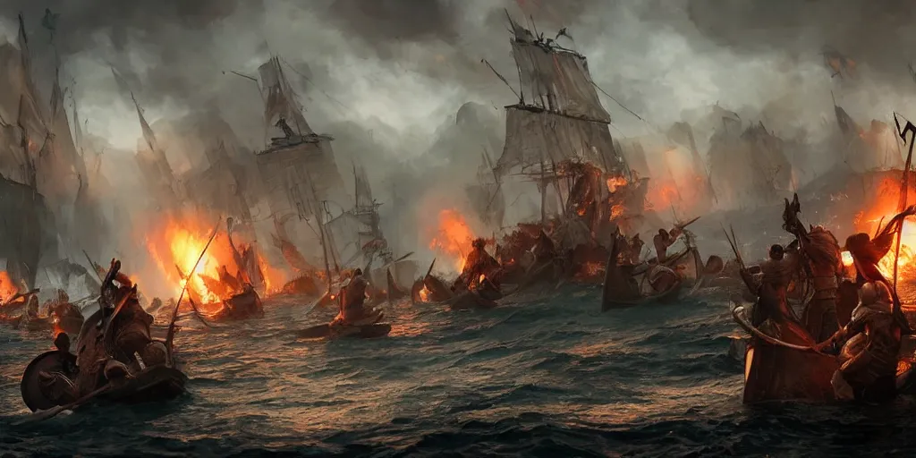 Image similar to Viking battle at sea, by WLOP, fire, epic scenery, dark fantasy, concept art, detailed, realistic, render, unreal engine 4K, trending on Artstation