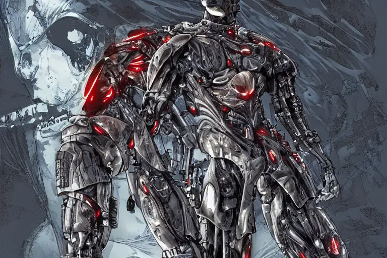 Prompt: cyborg military soldier in nanosuit with epic biological muscle augmentation, at dusk, a color illustration by tsutomu nihei and tetsuo hara