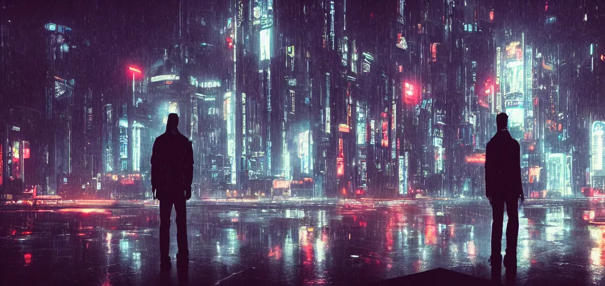 Image similar to shot of the alone man standing on the roof during rain, looks at impressive cyberpunk city at night during great storm, nightscape, futuristic architecture, realistic photo, neons, blade runner, akira style, cinematic lighting, cinematic angles