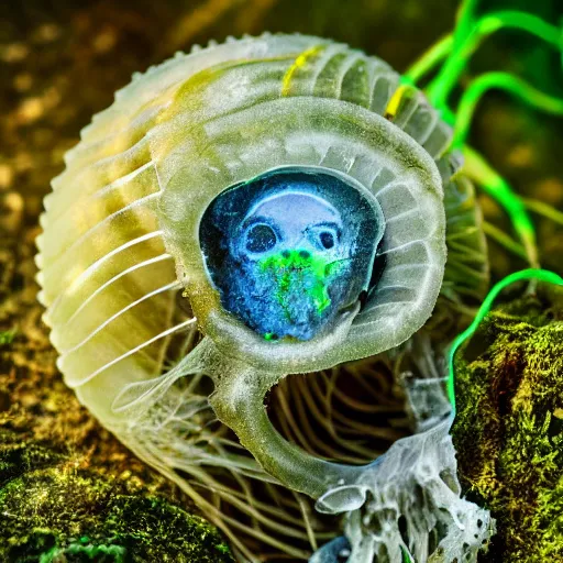 Prompt: mossy human jellyfish skull being reclaimed by nature, macro photography, 1:1 magnification, 15mm f/4, vibrant, colorful