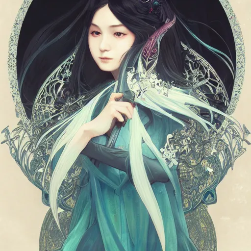 Prompt: a beautiful portrait of hatsune miku as a witch, fantasy, intricate, elegant, highly detailed, digital painting, artstation, concept art, matte, sharp focus, illustration, art by greg rutkowski and alphonse mucha