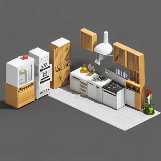 Image similar to isometric chubby kitchen, c 4 d style, 1 0 0 mm, dof, octane render, studio lighting