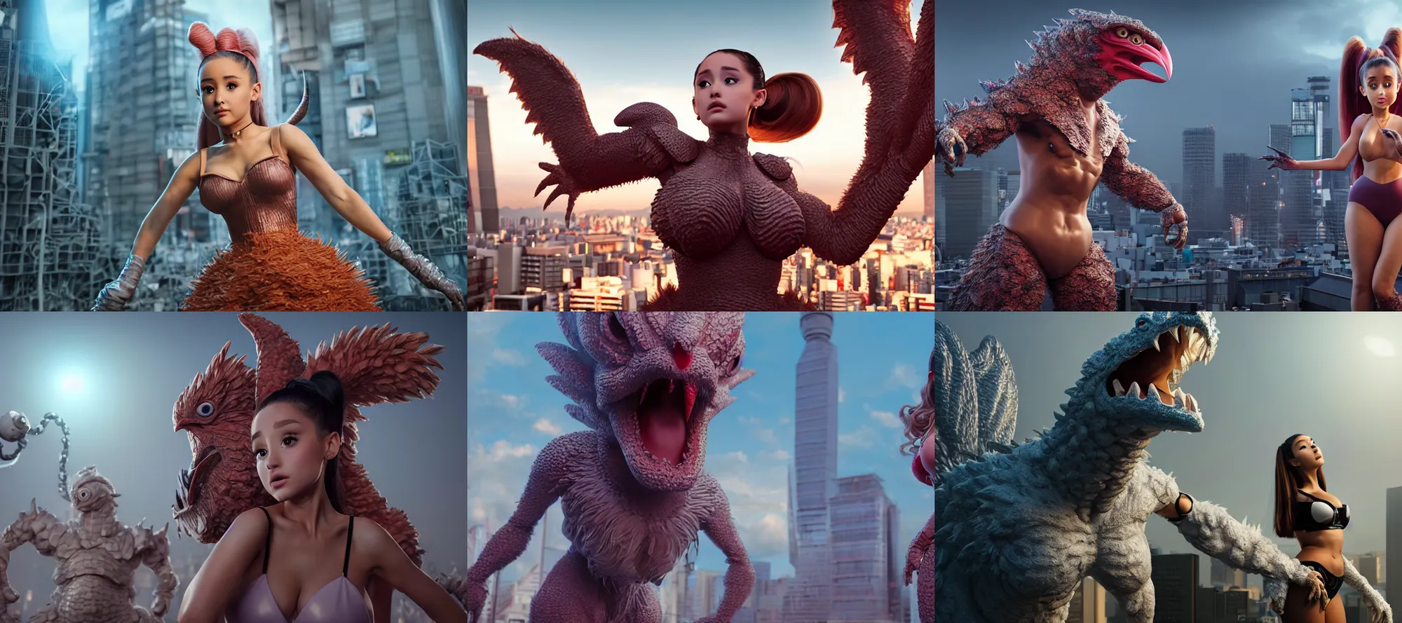 Prompt: ultrarealistic giant ariana grande in monster chicken suit in tokyo by yusuke murata, octane render, substance painter, movie action still frame, cinematic lighting, volumetric lighting, extreme intricate details, artstation, dnd art, cgsociety, sharp focus, ultra wide angle, digital painting by artgerm, gerald brom, wlop
