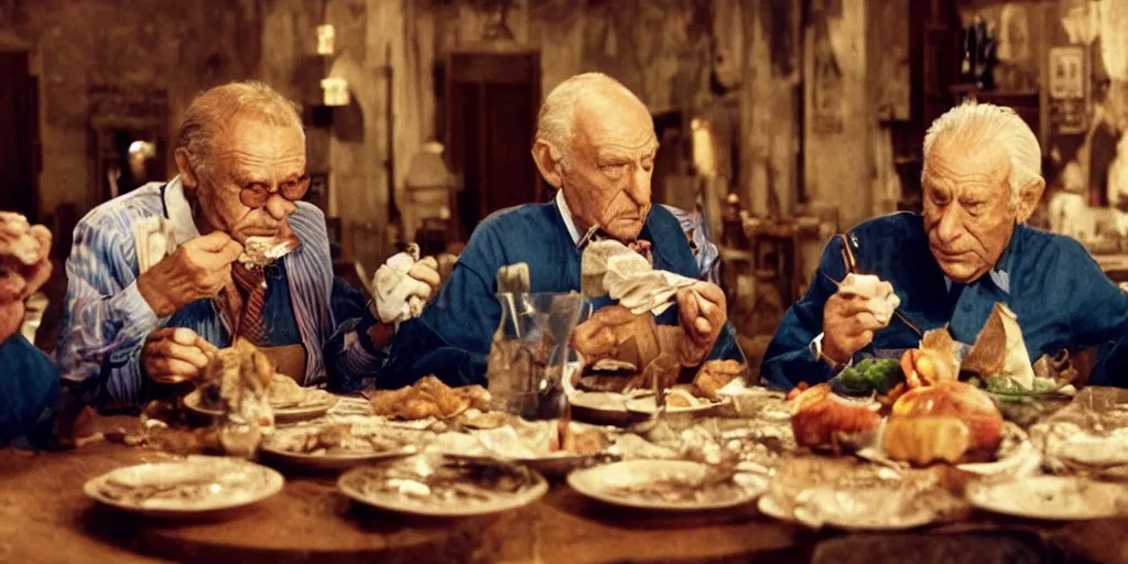 Prompt: film still of wrinkly old men sitting at a round dinner table eating money with knife and fork, directed by fellini, vibrant colours