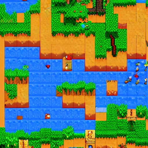 Image similar to screenshot of pixel art landscape, night sky reflected in the water, stardew valley