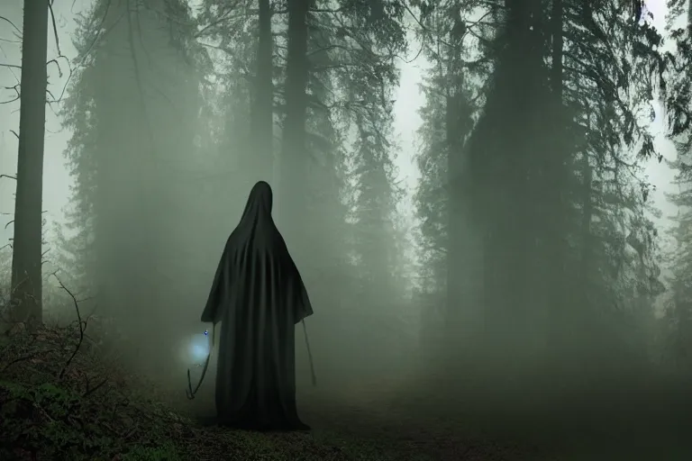 Image similar to grim reaper cloaked in smoke coming at you in a dark forest