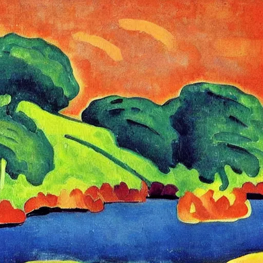 Image similar to painting of a lush natural scene on an alien planet by andre derain. beautiful landscape. weird vegetation. cliffs and water.