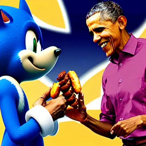 Prompt: a photograph of barack obama sharing a delicious chilli dog with sonic the hedgehog