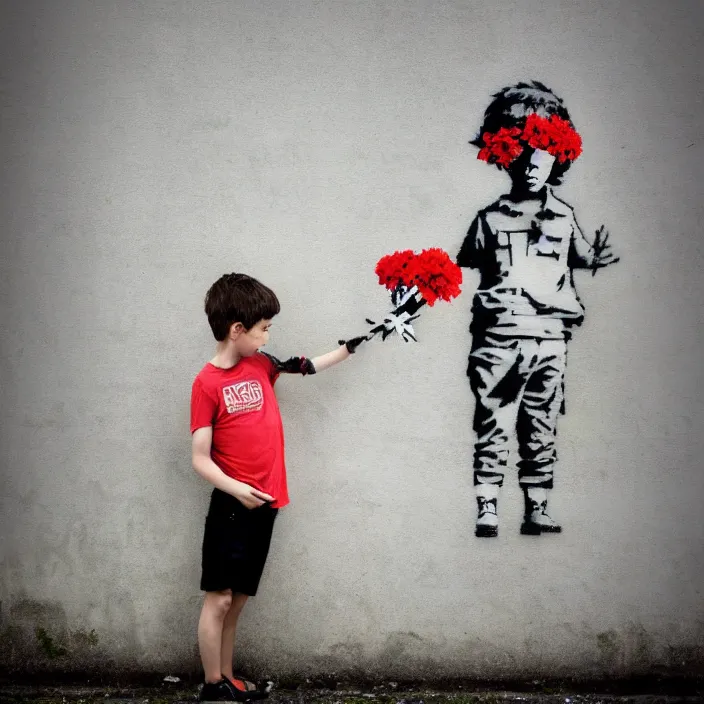 Image similar to a boy holding flowers in the style of Banksy, graffiti, digital art