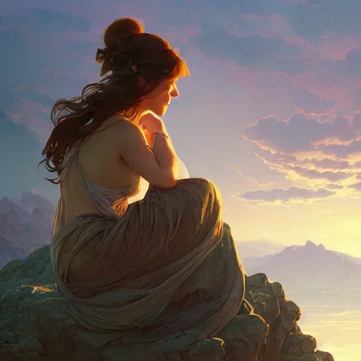 Image similar to a girl sitting on the edge of a mountain, looking at the distance, epic scale, intricate, headshot, highly detailed, digital painting, artstation, concept art, sharp focus, cinematic lighting, illustration, art by artgerm and greg rutkowski, alphonse mucha, cgsociety