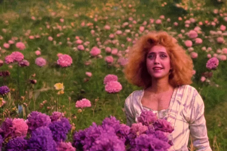 Prompt: vhs 1 9 8 0 s cinema footage of a woman surrounded by giant beautiful flowers smiling at a fire, scene from the movie midsommar, directed by ari aster, vintage film grain