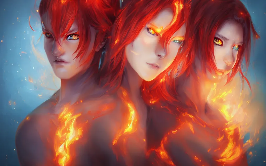 Image similar to A realistic anime portrait of a beautiful fire spirit twins with glowing red eyes and firey skin wearing clothes made of flames, digital painting, by Stanley Artgerm Lau, Sakimichan, WLOP and Rossdraws, digtial painting, trending on ArtStation, SFW version