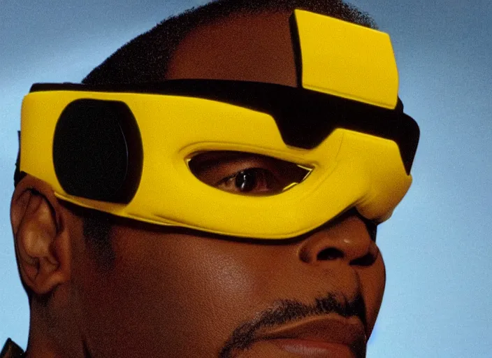 Image similar to a hyper realistic ultra realistic photograph of Commander Geordi La Forge wearing his visor, highly detailed, 8k photograph