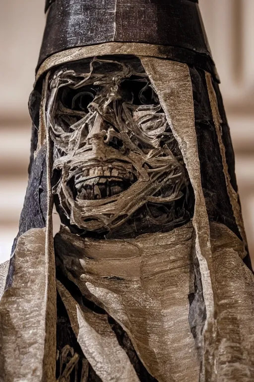 Image similar to mummified pope in his throne at the vatican, desiccated, close - up portrait, tall pontiff hat, mitre, dark, moody, black skin, ornate, hyper realistic, sharp focus, highly detailed