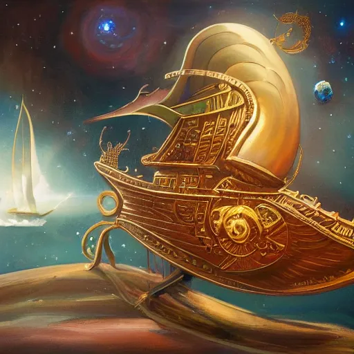 Prompt: painting of ornate space ship, wood and iron with gold accents, nebulae background, nautilus, shell, space jammers, fins, sails, dust clouds, dark shadows, soft lighting, art deco, d & d, dust, sun, 4 0 k warhammer, snail, shrimp, prawn, fine brush strokes