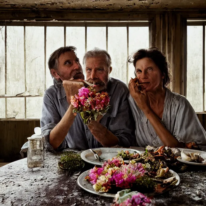 Image similar to closeup portrait of a couple eating flowers at a dining table, in a desolate abandoned house, by Annie Leibovitz and Steve McCurry, natural light, detailed face, CANON Eos C300, ƒ1.8, 35mm, 8K, medium-format print