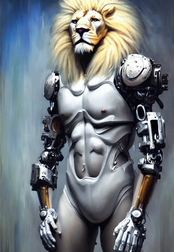 Image similar to aesthetic portrait commission of a of a muscular male fully furry anthro albino lion cybernetic, highly detailed oil painting, impasto brush strokes, soft light, 8 k, cyberpunk colour palette, dramatic composition, dramatic lighting, sharp focus, masterpiece, by adrian ghenie and jenny saville and zhang jingna