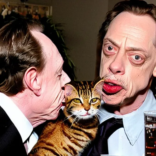 Prompt: a tmz photo of steve buscemi eating a cat