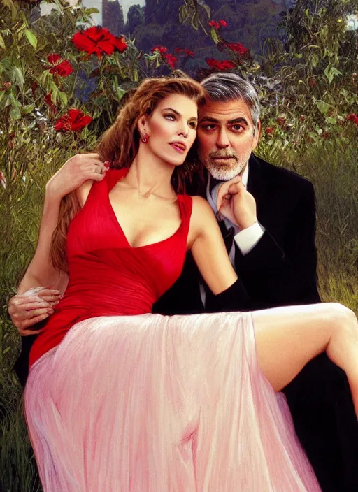 Prompt: george clooney wearing a formal black suit and kim basinger wearing a red dress, affectionate sitting together, highly detailed, focus stacked, candid portrait, art by artgerm and greg rutkowski and alphonse mucha