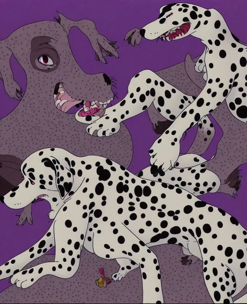 Image similar to beautiful painting from the anime film by studio ghibli, purple anthropomorphic Dalmatian, snarling, drooling, fur, by MC Escher