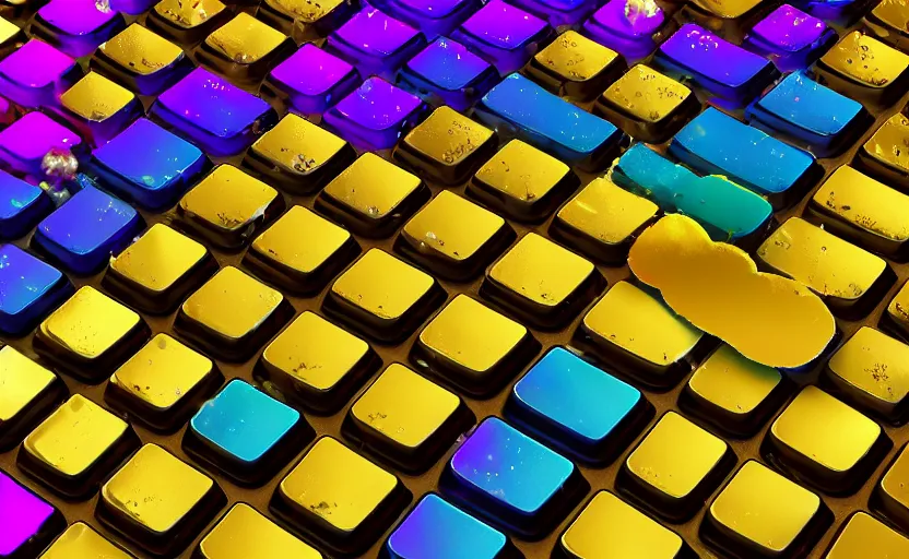 Image similar to golden clouds floating above computer keyboards made of rainbow drops, # vfxfriday, hdr