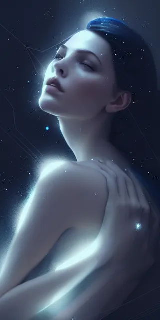 Image similar to constellation by charlie bowater and anna dittmann and artgerm and clemens ascher, intricate, elegant, blue and black and white mist, highly detailed, dramatic lighting, sharp focus, octane render, trending on artstation, artstationhd, artstationhq, unreal engine, 4 k, 8 k