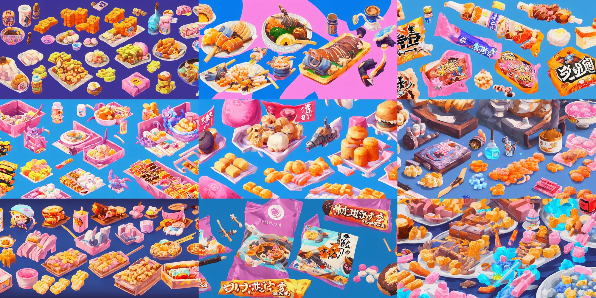 Prompt: game asset of japanese snacks, in gouache detailed paintings, props, stylized, 2 d sprites, kitbash, arcane, overwatch, blue and pink color scheme, 8 k, close up