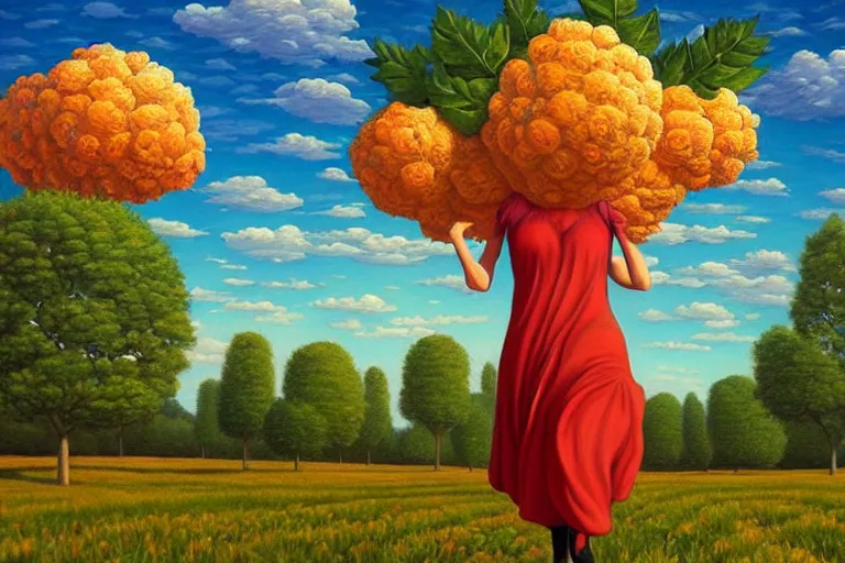 Image similar to giant flower head, woman walking, surreal, clouds in sky, impressionist painting, digital painting, artstation, rob gonsalves