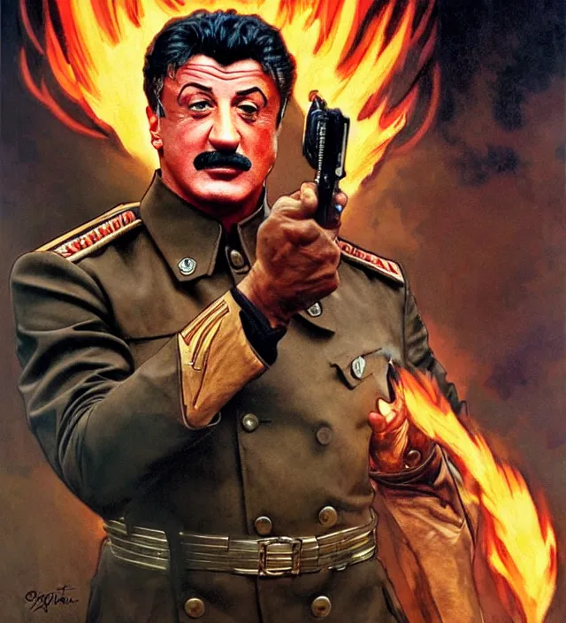 Image similar to sylvester stallone as stalin on fire,, cinematic, by greg rutowski, by greg rutkowski, by stanley artgerm, by alphonse mucha