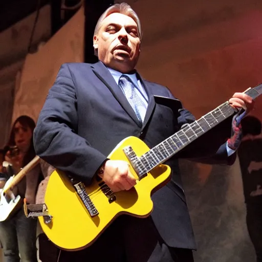 Prompt: heavy metal viktor orban with a flying v guitar