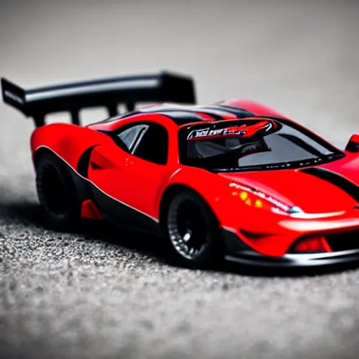Image similar to a close up of a hotwheel supercar it has a red and black paint job, photoreal, car photography, hotwheels, award winning, supercar